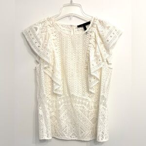 BCBG Max Azria Lace Ruffle Cream Blouse, Size Small